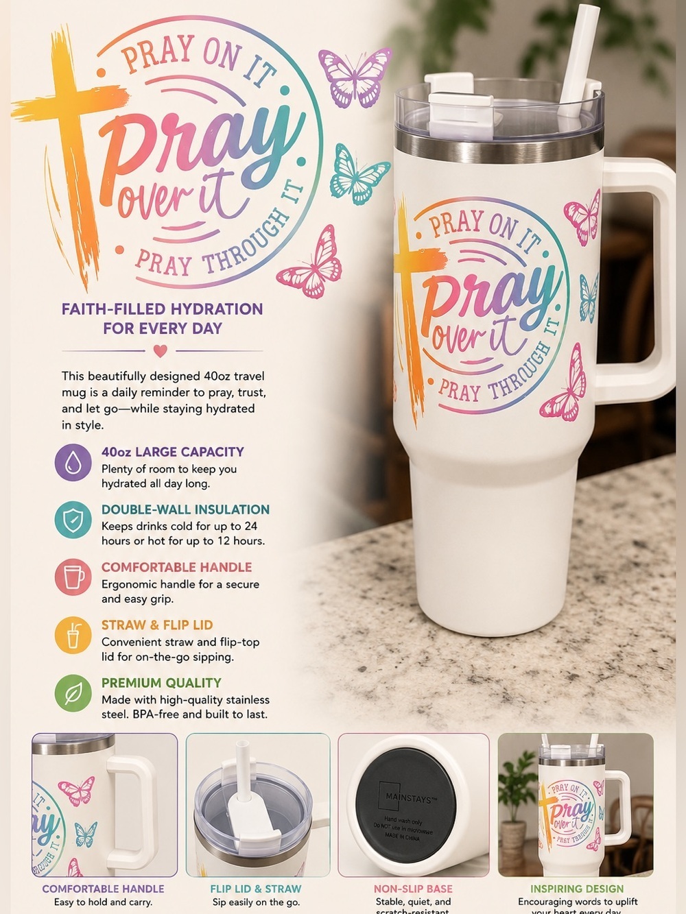 Hand Crafted White Tumbler with Rainbow Script